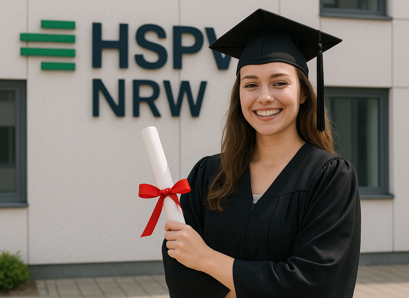 Glückliche Absolventin mit Urkunde, trägt einen Abschlusskopfbedeckung vor der HSPV NRW.